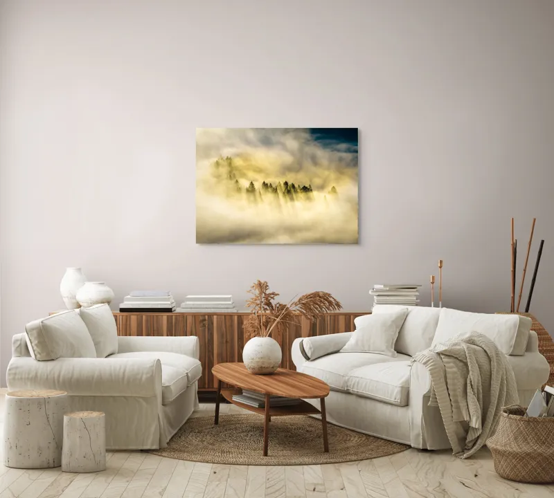 Tablou Canvas, "Lumină printre cețurile dimineții", Pădure, Ceață, Razele Soarelui, Mister, Lumină, Natură, Copaci, Peisaj, Seninătate, Vârfuri de Brazi, 100 x 70 cm – poza 3