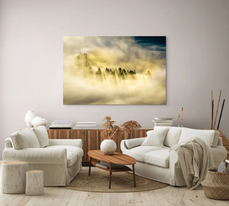 Tablou Canvas, "Lumină printre cețurile dimineții", Pădure, Ceață, Razele Soarelui, Mister, Lumină, Natură, Copaci, Peisaj, Seninătate, Vârfuri de Brazi, 150 x 100 cm – poza 3