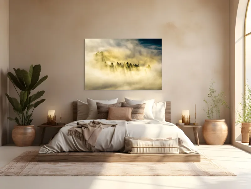 Tablou Canvas, "Lumină printre cețurile dimineții", Pădure, Ceață, Razele Soarelui, Mister, Lumină, Natură, Copaci, Peisaj, Seninătate, Vârfuri de Brazi, 150 x 100 cm – poza 4