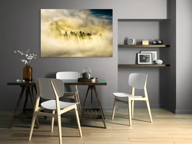 Tablou Canvas, "Lumină printre cețurile dimineții", Pădure, Ceață, Razele Soarelui, Mister, Lumină, Natură, Copaci, Peisaj, Seninătate, Vârfuri de Brazi, 150 x 100 cm – poza 5