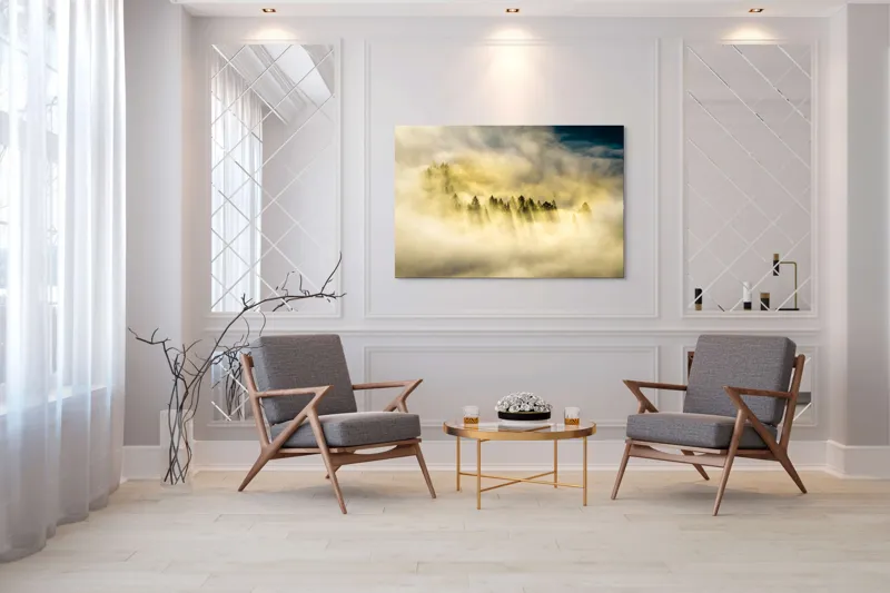 Tablou Canvas, "Lumină printre cețurile dimineții", Pădure, Ceață, Razele Soarelui, Mister, Lumină, Natură, Copaci, Peisaj, Seninătate, Vârfuri de Brazi, 150 x 100 cm – poza 7
