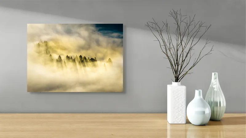 Tablou Canvas, "Lumină printre cețurile dimineții", Pădure, Ceață, Razele Soarelui, Mister, Lumină, Natură, Copaci, Peisaj, Seninătate, Vârfuri de Brazi, 54 x 39 cm – poza 3
