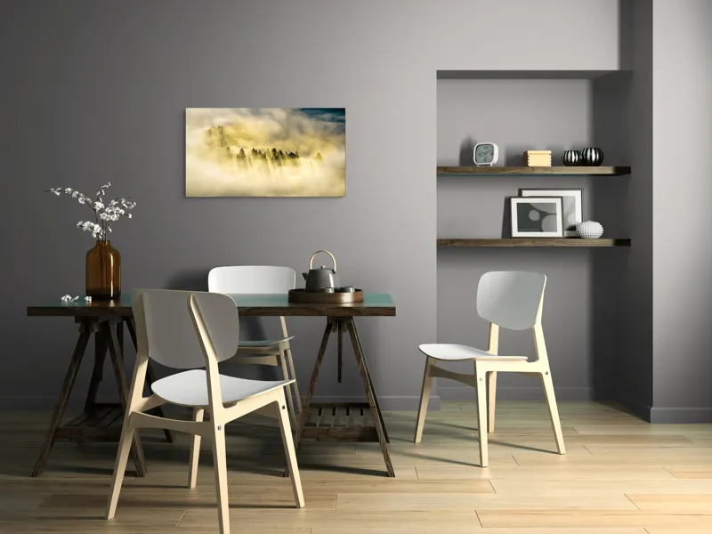 Tablou Canvas, "Lumină printre cețurile dimineții", Pădure, Ceață, Razele Soarelui, Mister, Lumină, Natură, Copaci, Peisaj, Seninătate, Vârfuri de Brazi, 90 x 50 cm – poza 3