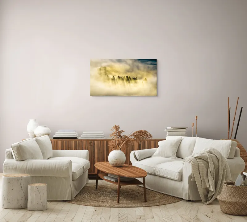 Tablou Canvas, "Lumină printre cețurile dimineții", Pădure, Ceață, Razele Soarelui, Mister, Lumină, Natură, Copaci, Peisaj, Seninătate, Vârfuri de Brazi, 90 x 50 cm – poza 4
