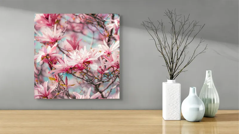 Tablou Canvas, "Magnolii înflorite sub cer senin", Flori, Roz, Delicate, Ramuri, Primăvară, 50 x 50 cm – poza 3