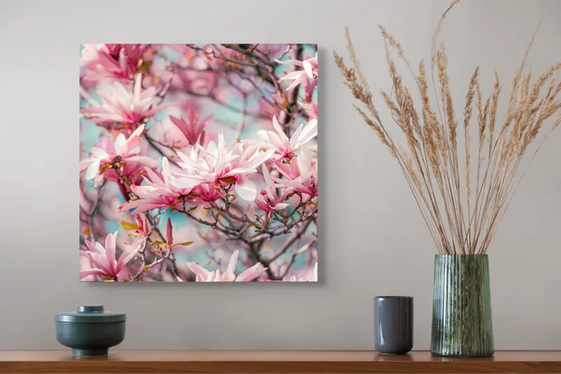 Tablou Canvas, "Magnolii înflorite sub cer senin", Flori, Roz, Delicate, Ramuri, Primăvară, 50 x 50 cm – poza 4