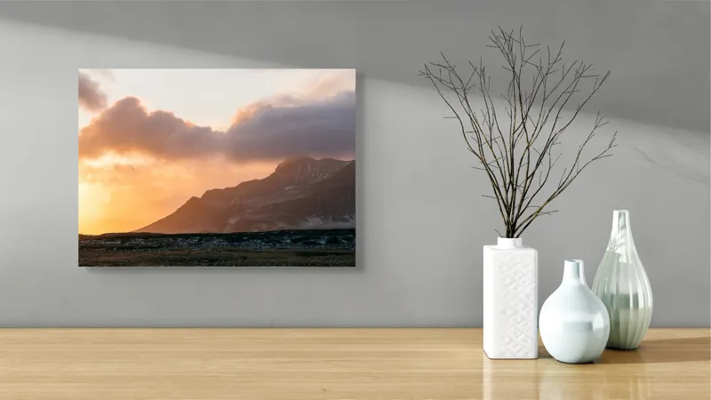 Tablou Canvas, "Liniștea Apusului Montan Rozaliu", Apus, Munte, Nor, Lumina, Peisaj, Cer, Dramatic, 54 x 39 cm – poza 3