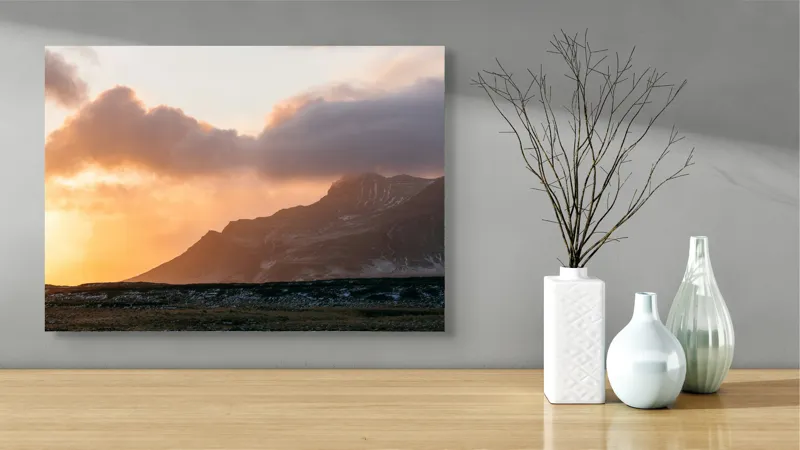Tablou Canvas, "Liniștea Apusului Montan Rozaliu", Apus, Munte, Nor, Lumina, Peisaj, Cer, Dramatic, 70 x 50 cm – poza 3