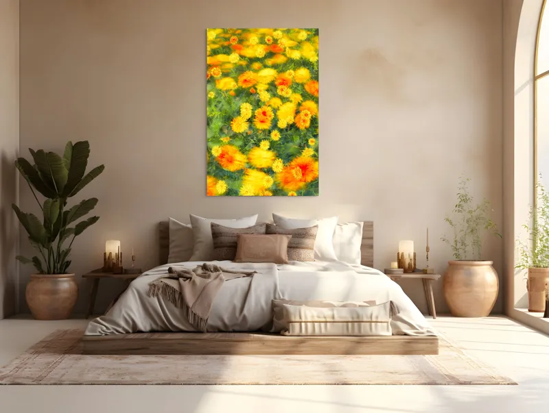 Tablou Canvas, "Dansul florilor în vântul verii", Flori, Galbene, Portocalii, Verde, Estompate, Luminoase, Strălucitoare, Delicate, Naturale, Vesele, 100 x 150 cm – poza 3