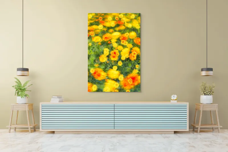Tablou Canvas, "Dansul florilor în vântul verii", Flori, Galbene, Portocalii, Verde, Estompate, Luminoase, Strălucitoare, Delicate, Naturale, Vesele, 100 x 150 cm – poza 4