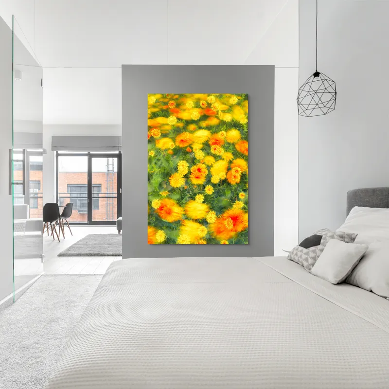Tablou Canvas, "Dansul florilor în vântul verii", Flori, Galbene, Portocalii, Verde, Estompate, Luminoase, Strălucitoare, Delicate, Naturale, Vesele, 100 x 150 cm – poza 5