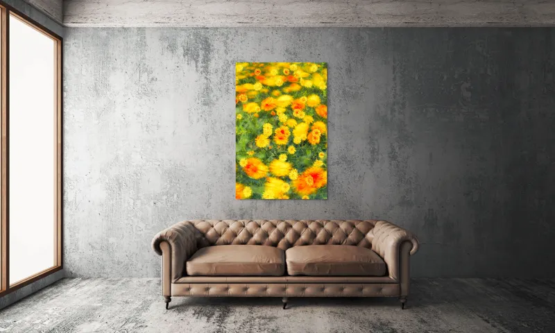 Tablou Canvas, "Dansul florilor în vântul verii", Flori, Galbene, Portocalii, Verde, Estompate, Luminoase, Strălucitoare, Delicate, Naturale, Vesele, 100 x 150 cm – poza 6