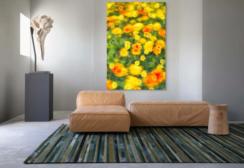 Tablou Canvas, "Dansul florilor în vântul verii", Flori, Galbene, Portocalii, Verde, Estompate, Luminoase, Strălucitoare, Delicate, Naturale, Vesele, 100 x 150 cm – poza 7