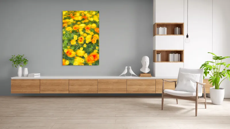 Tablou Canvas, "Dansul florilor în vântul verii", Flori, Galbene, Portocalii, Verde, Estompate, Luminoase, Strălucitoare, Delicate, Naturale, Vesele, 100 x 150 cm – poza 8