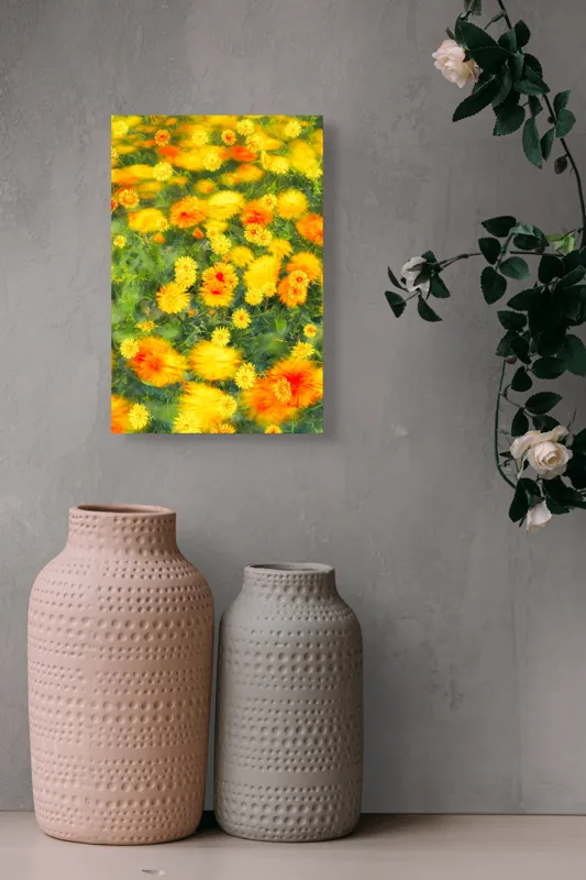 Tablou Canvas, "Dansul florilor în vântul verii", Flori, Galbene, Portocalii, Verde, Estompate, Luminoase, Strălucitoare, Delicate, Naturale, Vesele, 26 x 39 cm – poza 6