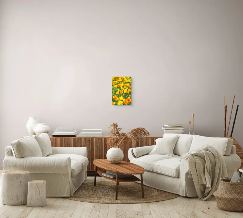 Tablou Canvas, "Dansul florilor în vântul verii", Flori, Galbene, Portocalii, Verde, Estompate, Luminoase, Strălucitoare, Delicate, Naturale, Vesele, 26 x 39 cm – poza 7