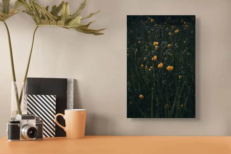 Tablou Canvas, "Floarea soarelui in amurgul tainic", Flori, Galben, Verde, Întuneric, Tulpini, Natural, Grădină, Subtil, Primăvară, Campestru, 26 x 39 cm – poza 3