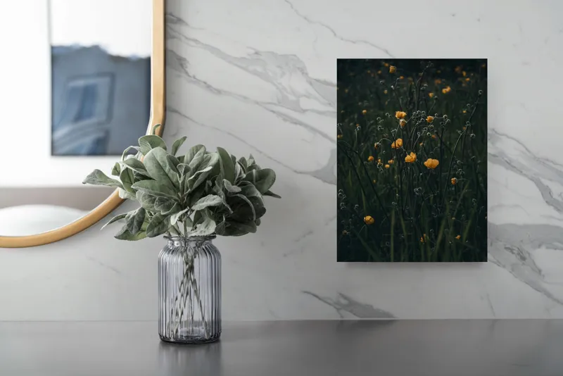 Tablou Canvas, "Floarea soarelui in amurgul tainic", Flori, Galben, Verde, Întuneric, Tulpini, Natural, Grădină, Subtil, Primăvară, Campestru, 26 x 39 cm – poza 4