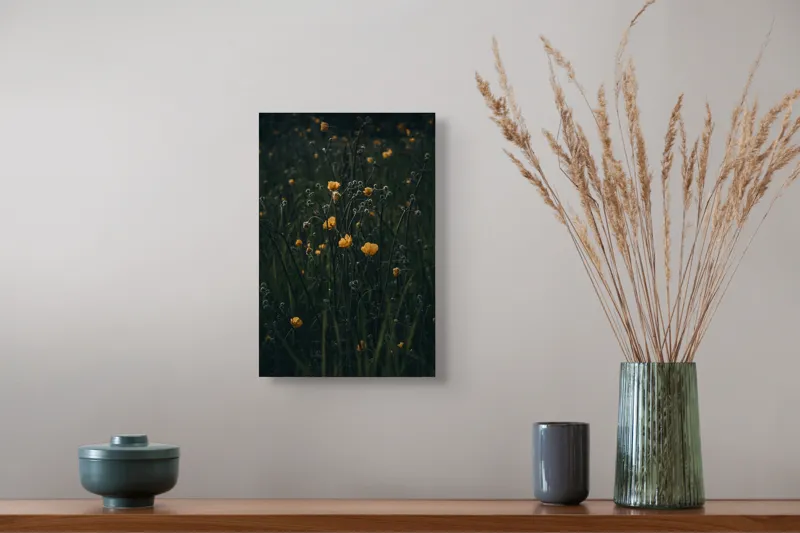 Tablou Canvas, "Floarea soarelui in amurgul tainic", Flori, Galben, Verde, Întuneric, Tulpini, Natural, Grădină, Subtil, Primăvară, Campestru, 26 x 39 cm – poza 5