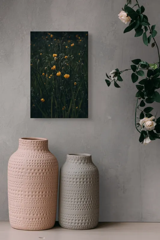 Tablou Canvas, "Floarea soarelui in amurgul tainic", Flori, Galben, Verde, Întuneric, Tulpini, Natural, Grădină, Subtil, Primăvară, Campestru, 26 x 39 cm – poza 6