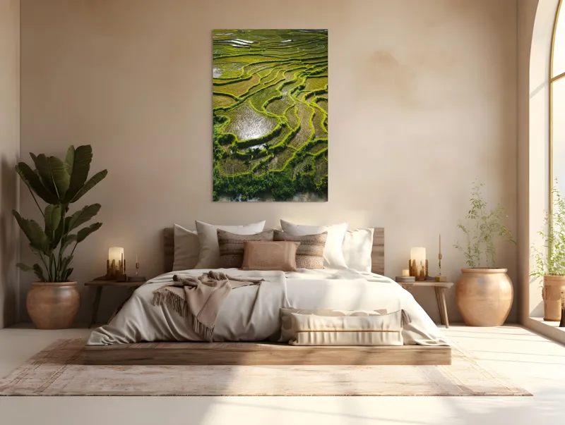 Tablou Canvas, "Terase verzi în peisaj rural liniștit", Terase, Armonie, Verdeață, Apus, Reflecții, Natură, Liniște, Texturi, 100 x 150 cm – poza 3