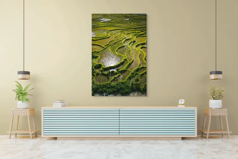 Tablou Canvas, "Terase verzi în peisaj rural liniștit", Terase, Armonie, Verdeață, Apus, Reflecții, Natură, Liniște, Texturi, 100 x 150 cm – poza 4