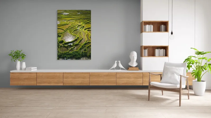 Tablou Canvas, "Terase verzi în peisaj rural liniștit", Terase, Armonie, Verdeață, Apus, Reflecții, Natură, Liniște, Texturi, 100 x 150 cm – poza 8