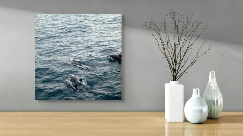 Tablou Canvas, "Delfinii dansează pe valurile oceanului", Delfini, Ocean, Alergați, Libertate, Apă, Valuri, Sălbăticie, Grup, Natație, 50 x 50 cm – poza 3
