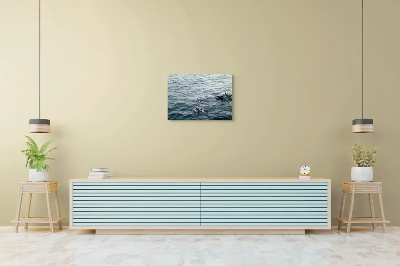 Tablou Canvas, "Delfinii dansează pe valurile oceanului", Delfini, Ocean, Alergați, Libertate, Apă, Valuri, Sălbăticie, Grup, Natație, 70 x 50 cm – poza 7