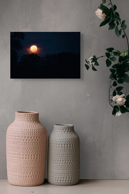 Tablou Canvas, "Luna plină deasupra pădurii adormite", Lună, Noapte, Cer, Copaci, Siluetă, Mister, Lumină, Serenitate, 39 x 26 cm – poza 4