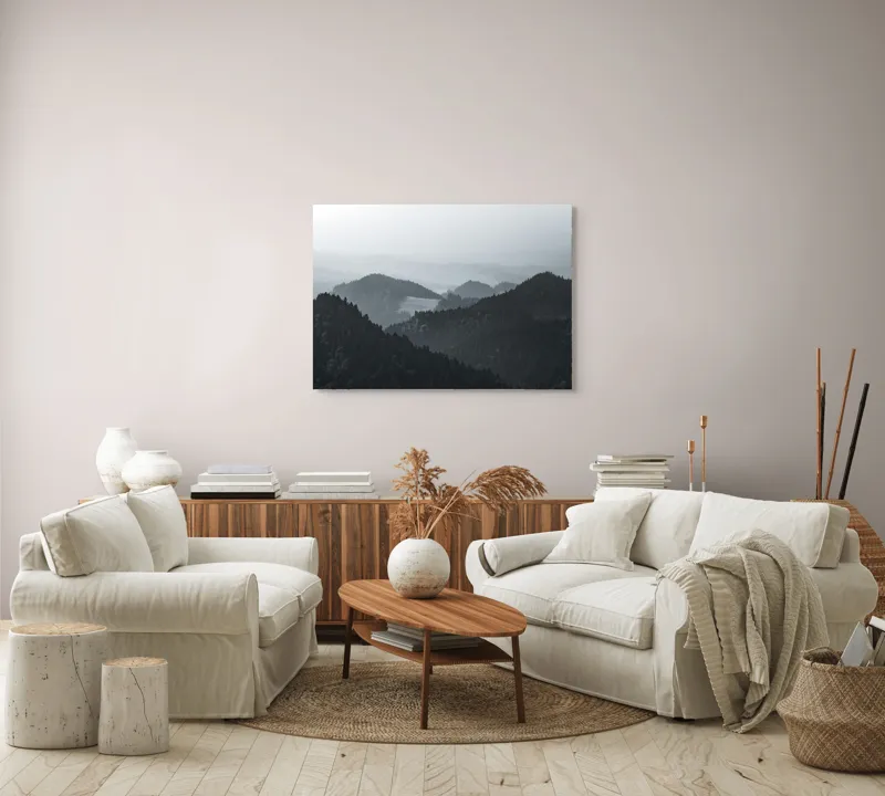 Tablou Canvas, "Peisaj muntos în ceață matinală", Ceață, Munți, Păduri, Siluete, Natură, Calm, Serene, Înălțimi, 100 x 70 cm – poza 3