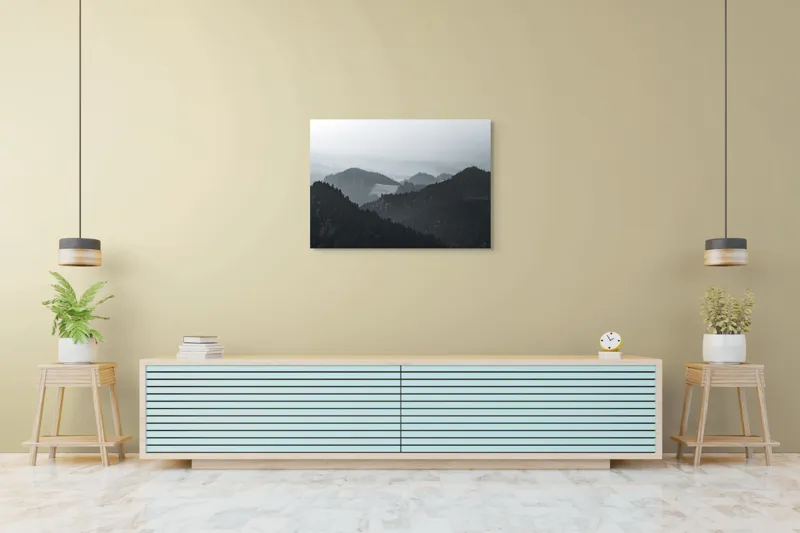 Tablou Canvas, "Peisaj muntos în ceață matinală", Ceață, Munți, Păduri, Siluete, Natură, Calm, Serene, Înălțimi, 100 x 70 cm – poza 4