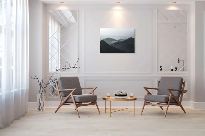 Tablou Canvas, "Peisaj muntos în ceață matinală", Ceață, Munți, Păduri, Siluete, Natură, Calm, Serene, Înălțimi, 100 x 70 cm – poza 5
