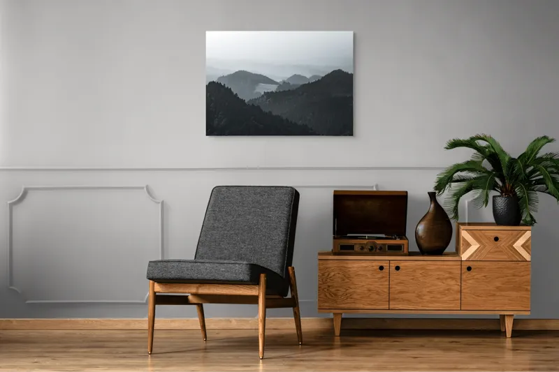 Tablou Canvas, "Peisaj muntos în ceață matinală", Ceață, Munți, Păduri, Siluete, Natură, Calm, Serene, Înălțimi, 100 x 70 cm – poza 8
