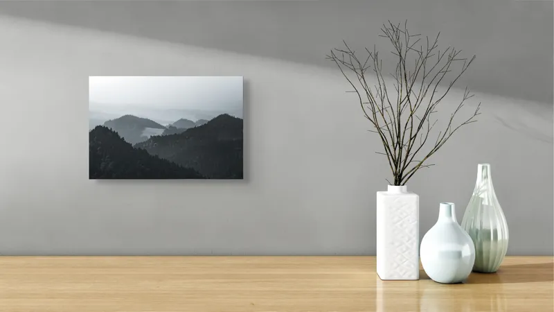 Tablou Canvas, "Peisaj muntos în ceață matinală", Ceață, Munți, Păduri, Siluete, Natură, Calm, Serene, Înălțimi, 39 x 26 cm – poza 8