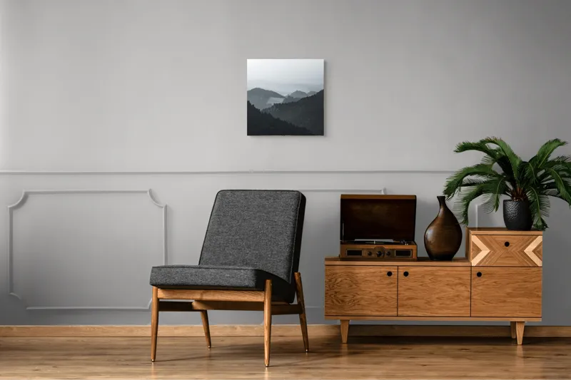 Tablou Canvas, "Peisaj muntos în ceață matinală", Ceață, Munți, Păduri, Siluete, Natură, Calm, Serene, Înălțimi, 50 x 50 cm – poza 6