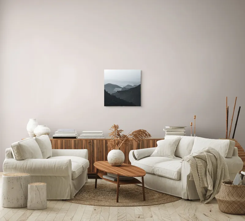 Tablou Canvas, "Peisaj muntos în ceață matinală", Ceață, Munți, Păduri, Siluete, Natură, Calm, Serene, Înălțimi, 50 x 50 cm – poza 7