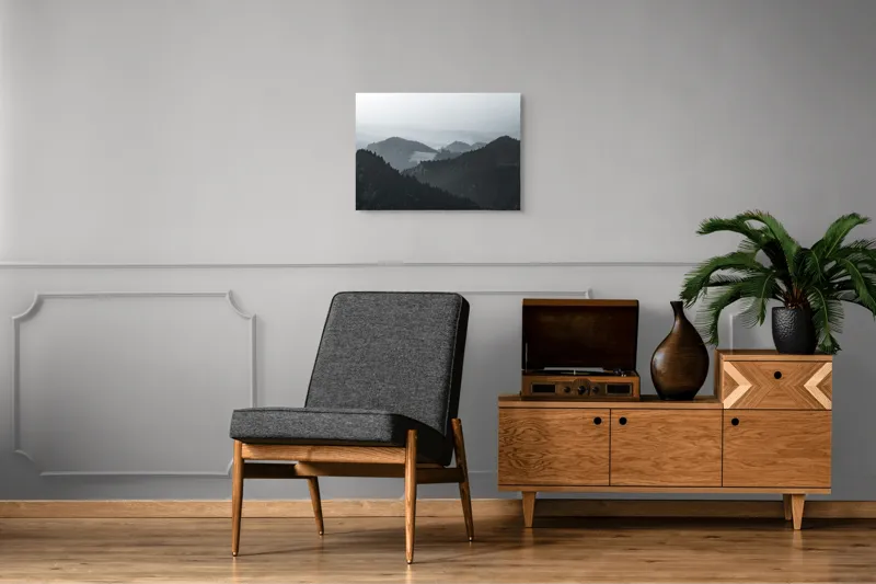 Tablou Canvas, "Peisaj muntos în ceață matinală", Ceață, Munți, Păduri, Siluete, Natură, Calm, Serene, Înălțimi, 70 x 50 cm – poza 4