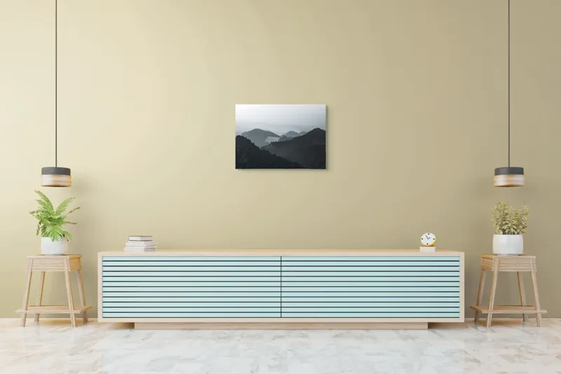 Tablou Canvas, "Peisaj muntos în ceață matinală", Ceață, Munți, Păduri, Siluete, Natură, Calm, Serene, Înălțimi, 70 x 50 cm – poza 7