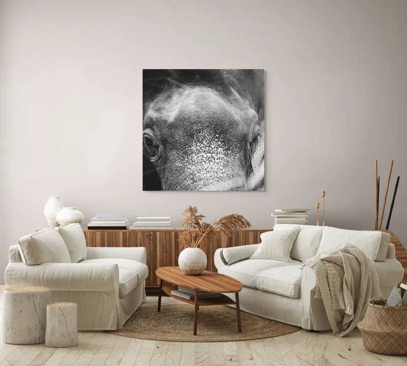 Tablou Canvas, "Privirea unui elefant contemplativ", Elefant, Ochi, Textură, Piele, Alb-Negru, Privire, Detalii, Captivant, Profund, Impresionant, 100 x 100 cm – poza 3