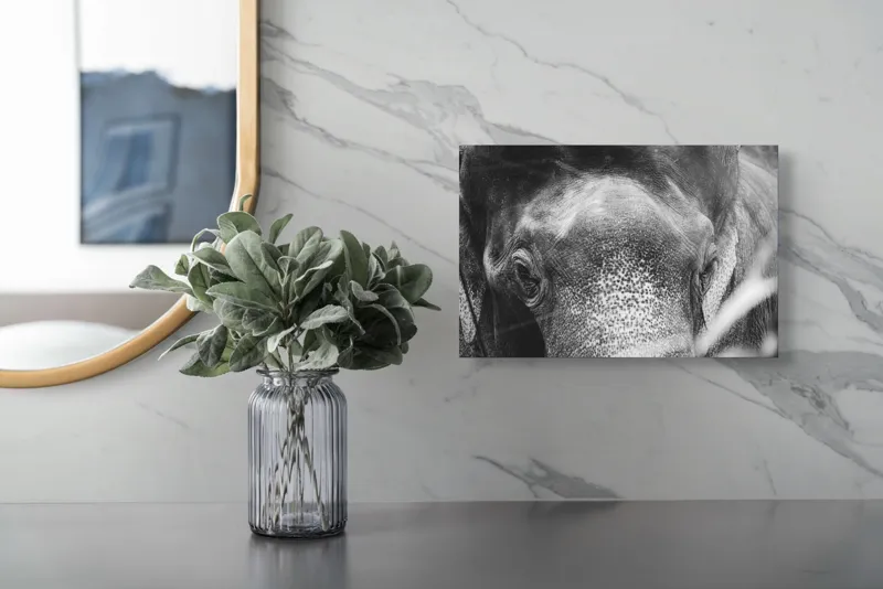 Tablou Canvas, "Privirea unui elefant contemplativ", Elefant, Ochi, Textură, Piele, Alb-Negru, Privire, Detalii, Captivant, Profund, Impresionant, 39 x 26 cm – poza 5