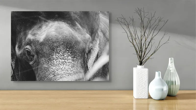Tablou Canvas, "Privirea unui elefant contemplativ", Elefant, Ochi, Textură, Piele, Alb-Negru, Privire, Detalii, Captivant, Profund, Impresionant, 70 x 50 cm – poza 3