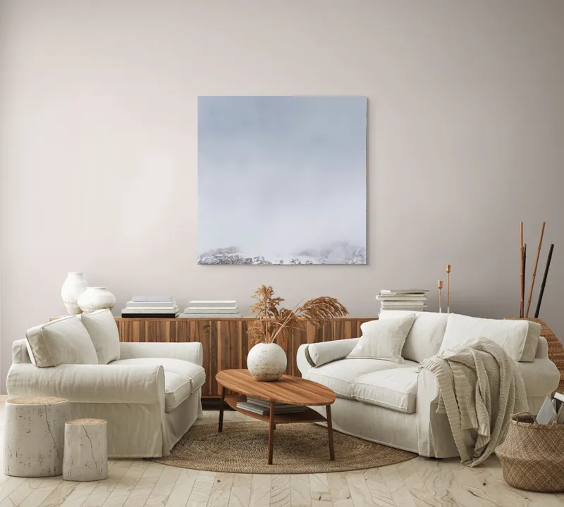 Tablou Canvas, "Munți ascunși sub cer înnorat", Nor, Zăpadă, Stâncă, Ceață, Cer, Rece, Peisaj, Alpin, 100 x 100 cm – poza 3