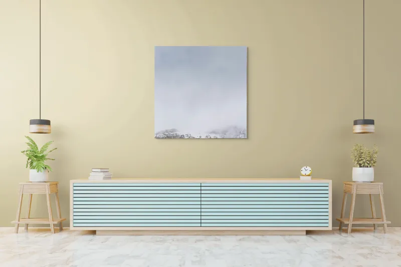Tablou Canvas, "Munți ascunși sub cer înnorat", Nor, Zăpadă, Stâncă, Ceață, Cer, Rece, Peisaj, Alpin, 100 x 100 cm – poza 5