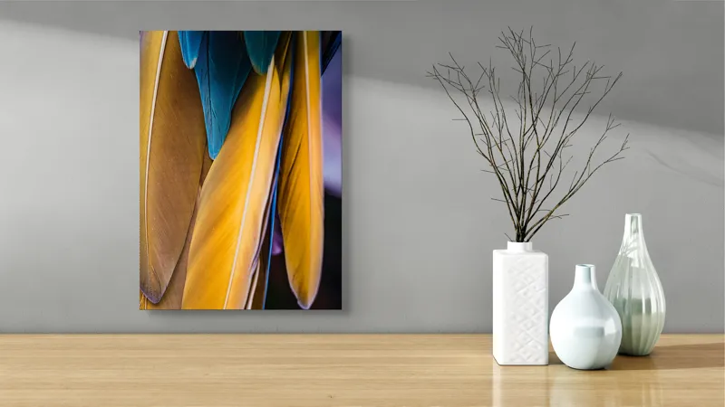 Tablou Canvas, "Armonia culorilor naturale în penaj", Pene, Albastru, Galben, Textură, Suavitate, Colorat, Detaliu, Elegant, Contrast, Frumusețe, 39 x 54 cm – poza 4