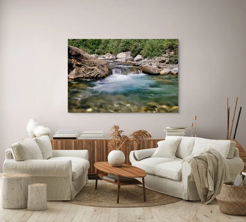 Tablou Canvas, "Vâltoarea râului curgător în munți", Râu, Pietre, Apă, Cascadă, Vegetație, Natură, Liniște, Verdeață, Peisaj, Curent, 150 x 100 cm – poza 3