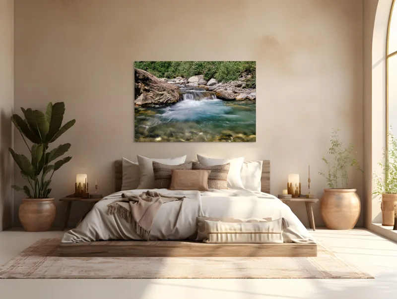 Tablou Canvas, "Vâltoarea râului curgător în munți", Râu, Pietre, Apă, Cascadă, Vegetație, Natură, Liniște, Verdeață, Peisaj, Curent, 150 x 100 cm – poza 4