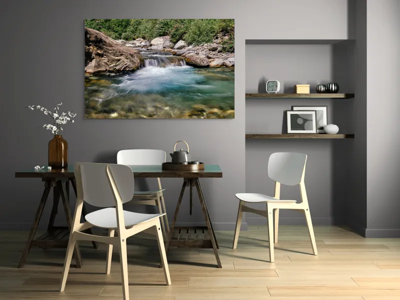 Tablou Canvas, "Vâltoarea râului curgător în munți", Râu, Pietre, Apă, Cascadă, Vegetație, Natură, Liniște, Verdeață, Peisaj, Curent, 150 x 100 cm – poza 5