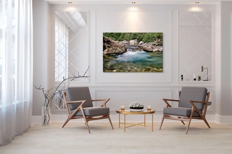 Tablou Canvas, "Vâltoarea râului curgător în munți", Râu, Pietre, Apă, Cascadă, Vegetație, Natură, Liniște, Verdeață, Peisaj, Curent, 150 x 100 cm – poza 7