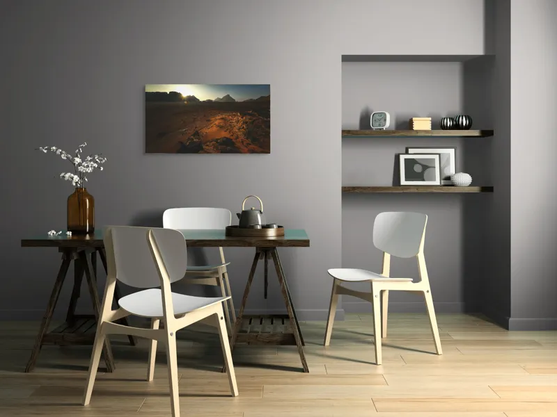 Tablou Canvas, "Răsărit peste deșertul stâncos", Solitudine, Serenitate, Peisaj, Sclipire, Asfințit, Munți, Deșert, Umbre, Lumină, Natură, 90 x 50 cm – poza 3